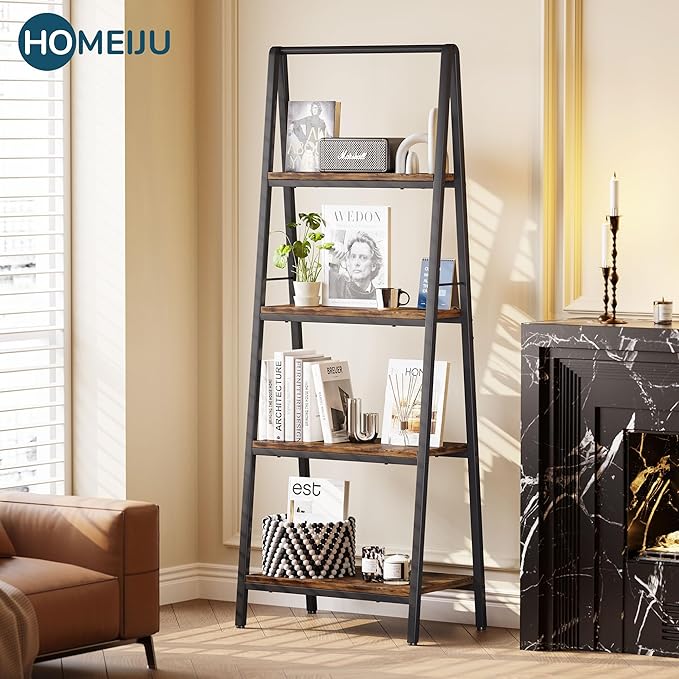 Homeiju 4-Tier Leaning Ladder Bookshelf, Rustic and Wood Ladder Shelf Bookcase, Industrial Ladder Shelf Storage Rack for Home Office, Bedroom, Bathroom or Kitchen