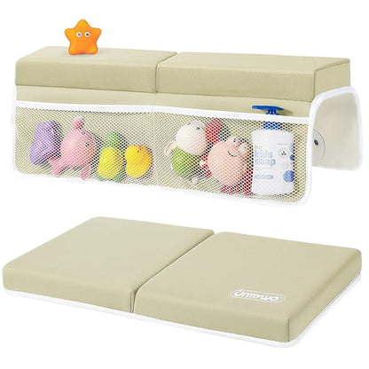 URMYWO Bath Kneeler and Elbow Rest Pad Set - 1.5" Thick Baby Bath Kneeler Pads with Toys Organizer, Anti-Slip Cozy Knee & Arm Support Bathtub Mat, Quick Dry Kneeling Pad for Baby Bath Time