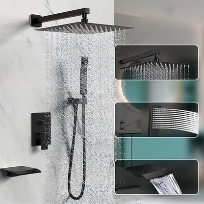 Rain Shower System 12 inch Shower Faucet Set with Tub Spout,Bathroom Wall Mounted Waterfall Shower Head Faucet Sets Complete with Handheld Spray,Rough-in Valve Body and Trim kit,Matte Black
