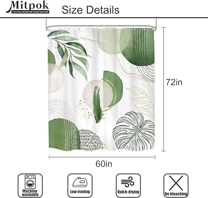 Green Boho Shower Curtain 60Wx72H Bohemian Mid Century Modern Abstract Palm Leaves Tropical Gold Olive Geometric Plant Bathroom Decor Minimalist Bath Curtain Fabric Polyester 12 Pack Hooks