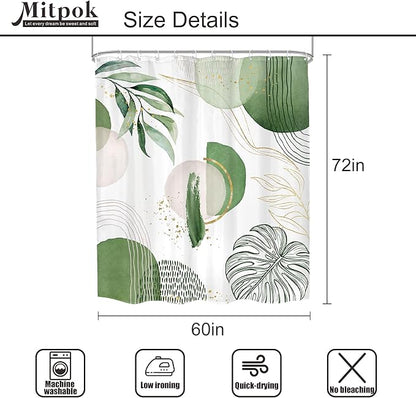 Green Boho Shower Curtain 60Wx72H Bohemian Mid Century Modern Abstract Palm Leaves Tropical Gold Olive Geometric Plant Bathroom Decor Minimalist Bath Curtain Fabric Polyester 12 Pack Hooks