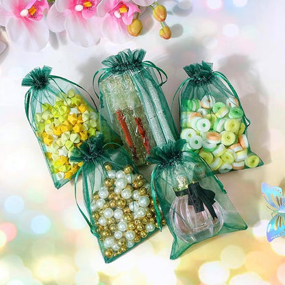 Hopttreely 100PCS Dark Green Organza Bags, 4X4.72 inch Mesh Bags Drawstring Gift Bag, Jewelry Pouches for Party, Christmas, Festival, Bathroom Soaps, Makeup Organza, Wrapping Supplie