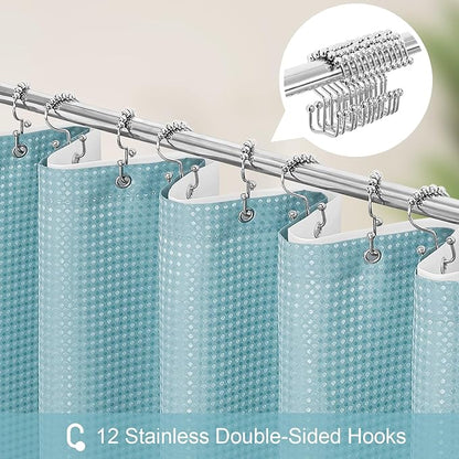 3 in 1 Shower Curtain Set, Teal Blue Waffle Shower Curtain and PEVA Liner Set with 12 Stainless Steel Shower Curtain Hooks, Waterproof Fabric Shower Curtains for Bathroom, 72 W x 72 H