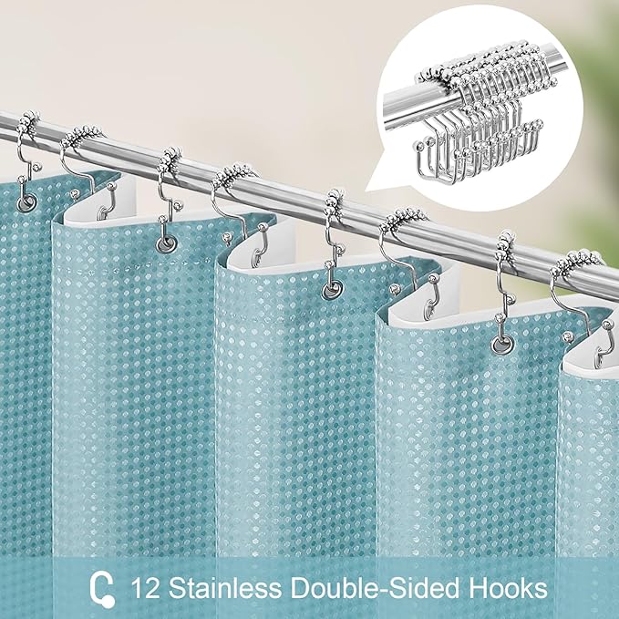 3 in 1 Long Shower Curtain Set-72 W x 78 H, Teal Blue Waffle and PEVA Liner Set with 12 Stainless Steel Hooks, Waterproof Fabric for Bathroom