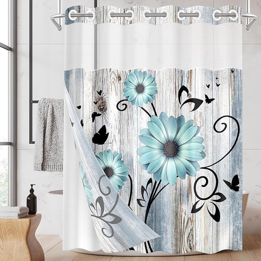 No Hook Teal Flower Shower Curtain with Snap in Fabric Liner Set, Daisy Rustic Farmhouse Double Layers Waterproof Fabric with See Through Top Window Open Grommet Bath Curtain 71x74 Inch