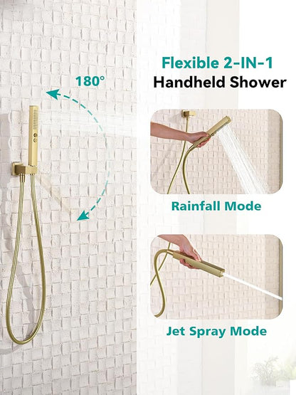 Lefton Shower System in Fahrenheit Display (Battery-free), 10” Overhead Shower Head with All-in-one Handheld Spray Showerhead and Bathtub Faucet, 4-in-1 Control System, SSWM2502 (Brushed Gold)