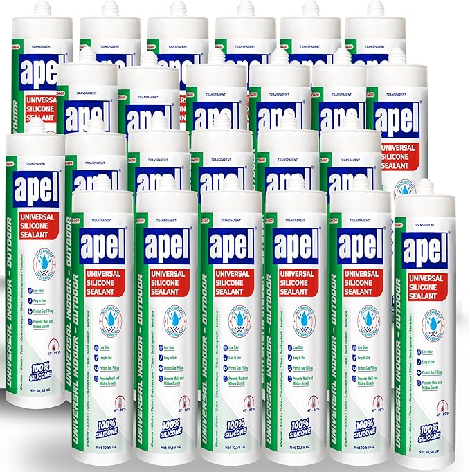 apel All Purpose Clear Silicone Sealant Waterproof (24 x 10.5 fl.oz.), 100% Silicone Caulk, Weatherproof & Flexible Adhesive Sealant for Indoor and Outdoor Use, Transparent - 24 Pack
