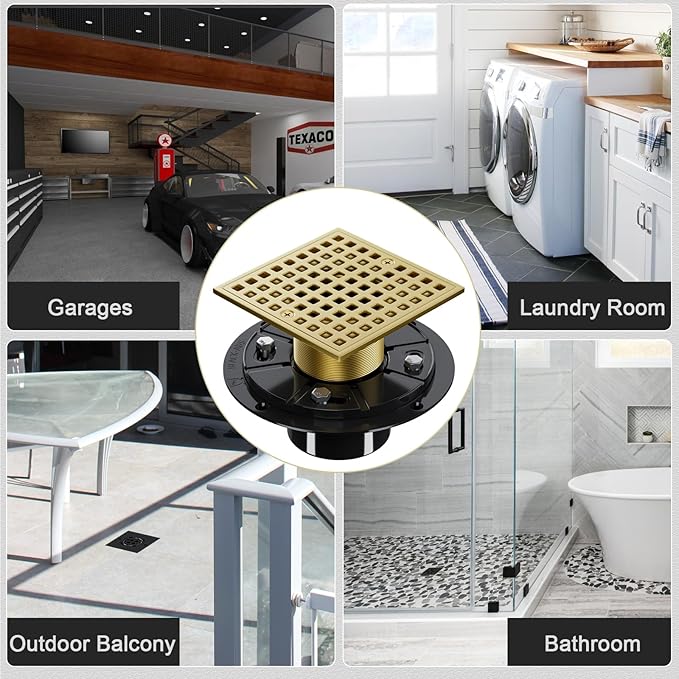 Brushed Gold Shower Drain 4-1/4 Inch - Square Shower Floor Drain Kit with ABS Flange for 2" or 3" Pipe, Drain with Hair Strainer,Removable Strainer Cover,SUS304 Stainless Steel & CUPC Certified