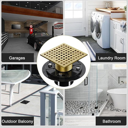 Brushed Gold Shower Drain 4-1/4 Inch - Square Shower Floor Drain Kit with ABS Flange for 2" or 3" Pipe, Drain with Hair Strainer,Removable Strainer Cover,SUS304 Stainless Steel & CUPC Certified
