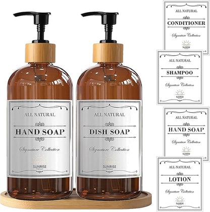 16 OZ Thick Amber Glass Soap Dispenser, Bamboo Pump with Tray 2 Pack, Hand and Dish Soap Dispenser Set for Bathroom with 6 Waterproof Labels