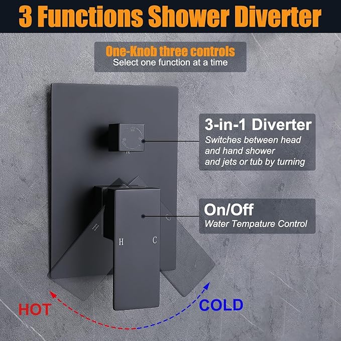 Enga Shower System Body Jets with On-Off Switch, 16 Inch Rain Shower Head System Full Body Spray Massage Shower Set, Multi Head Shower Faucet Combo, Matte Black