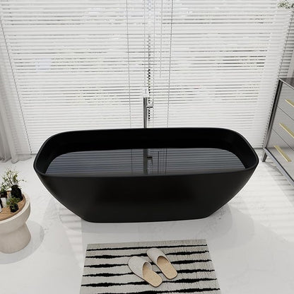 SJ STAR&JANE 67" Solid Surface Freestanding Bathtub Oval Stone Resin Soaking Tub Modern Stand Alone Tub with Overflow & Pop-up Drain, Matte Black for Bathrooms