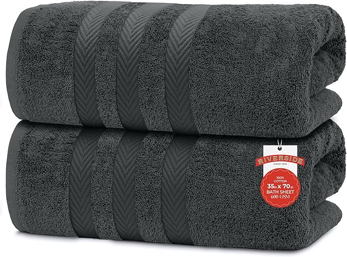 RIVERSIDE Pack of 2 Extra Large Bath Sheets 35 x 70 Inches - 100% Ring Spun Cotton Hotel Quality Oversized Bath Towels - Super Soft, Highly Absorbent & Quicker to Dry - Grey