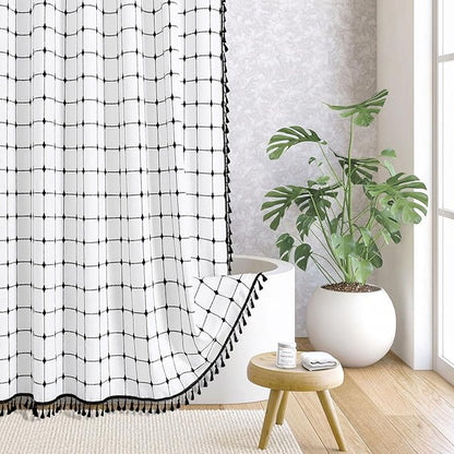 MitoVilla Ivory Boho Black Farmhouse Shower Curtain Set 72 x 78, White 78 inch Long Polyester Linen Tassel Fabric Shower Curtain Set for Chic Cottagecore French Rustic Bathroom Decor
