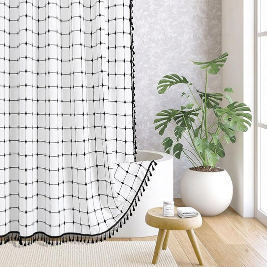 MitoVilla Ivory Boho Black Farmhouse Shower Curtain Set 72 x 78, White 78 inch Long Polyester Linen Tassel Fabric Shower Curtain Set for Chic Cottagecore French Rustic Bathroom Decor