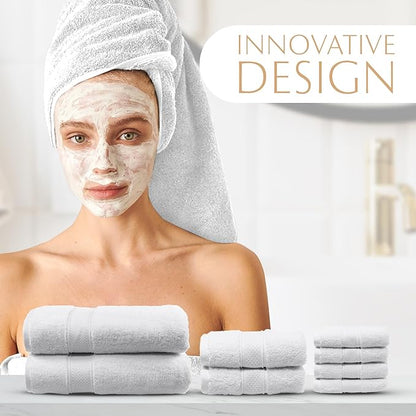MAURA White Bath Towel Set of 8 for Bathroom. Turkish Cotton Luxury Bath Towels. Extra Large, Thick, Plush & Soft. Hotel & Spa Quality - White