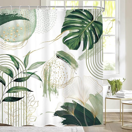 Sage Green Boho Shower Curtain Extra Long Modern Abstract Tropical Leaves Bohemian Gold Palm Leaf Mid Century 72Wx84H Bathroom Decor Geometric Plant Bath Curtain Fabric Polyester 12 Pack Hooks
