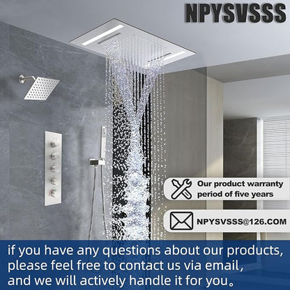 Dual Rain Shower Head Thermostatic Luxury Spa Shower System And Ceiling Mount 14x20 Inch LED 4 Functions with 6 Inch Wall Head Shower Faucet Set,Brushed Nickel