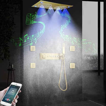 Brushed Gold Thermostatic Rain LED Shower System With Spa Body Jets, 12.5X24.5 Inch Large Horizontal Rectangle Ceiling Shower Head, Double Bath Shower Set Flow Can Be Controlled
