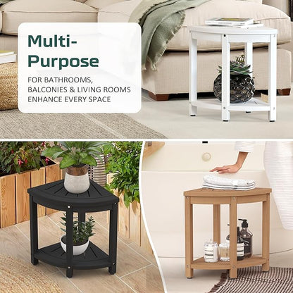 Waterproof Corner Shower Stool for Inside Shower, Poly Lumber Shower Bench Seat Chair, Bath Shower Stool for Shaving Legs Foot Rest with Storage Shelf, Adjustable & Non-Slip Feet, White