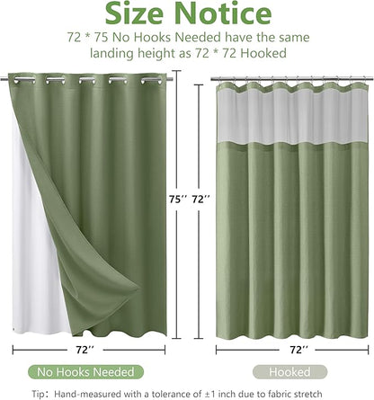 No Hook Waffle Weave Shower Curtain with Snap-in Fabric Liner,256GSM Heavy Duty Fabric Shower Curtain Set,Green Waterproof Washable Luxury Shower Curtain for Bathroom Stall (72x75 Inch)