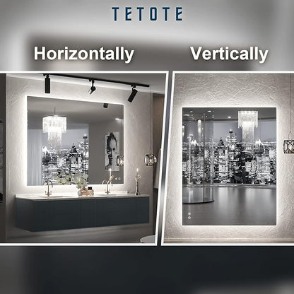 TETOTE 40 x 32 LED Backlit Bathroom Mirror with Light,3Color White/Warm/Natural,Anti-Fog Lighted Mirror,Dimmable,Vanity Mirror,Wall Mounted