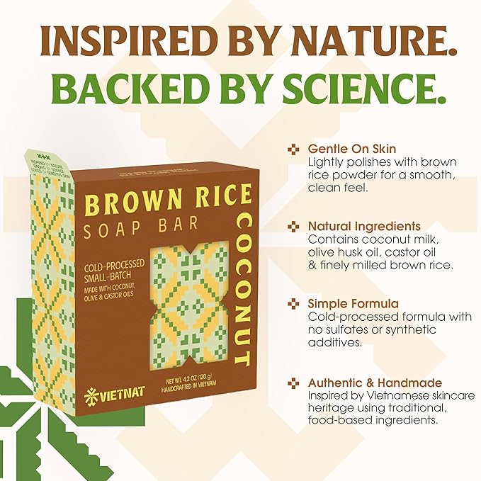 Brown Rice & Coconut Milk 2-in-1 Luxurious Natural Soap Bar (4.2 oz) | Gentle Exfoliation & Nourishing Cleanse | Cold-Processed, Handmade in Vietnam for Smooth, Fresh Skin (Pack of 1)