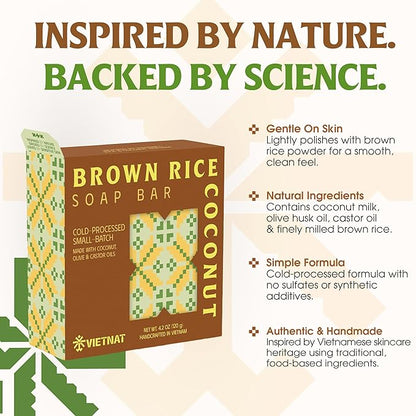 Brown Rice & Coconut Soap Bar (Pack of 3) – 2-in-1 Exfoliating & Nourishing, Cold Process Handmade Soap with Rice Bran & Coconut Milk, Gentle Daily Body Bar