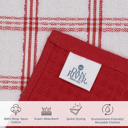 DAN RIVER Premium Dish Cloth 100% Cotton 12 X 12 Inches |Pack of 8|-Ultra Soft Tea Towels-Highly Absorbent Kitchen Rags-Terry Dishcloth for Kitchen and Household Cleaning |Red|