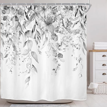 Riyidecor Grey Eucalyptus Leaves Shower Curtain for Bathroom Decor 72Wx72H Retro Plants Watercolor Floral Rustic Botanical Nature Gray Art Printed Fabric Polyester Waterproof 12 Pack Plastic