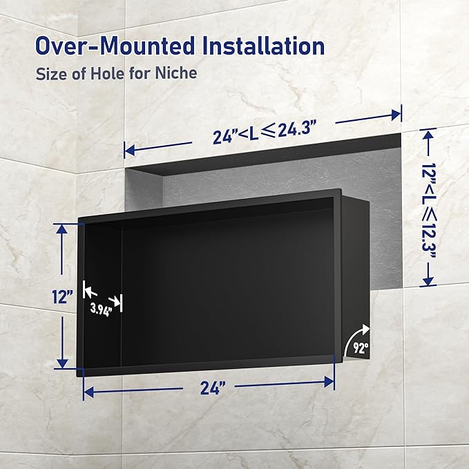 Stainless Steel Shower Niche 24" X 12" Matte Black No Tile Needed Niche Shower for Bathroom Storage Recessed Wall Niches Bathroom Shelf Over Mount Installation
