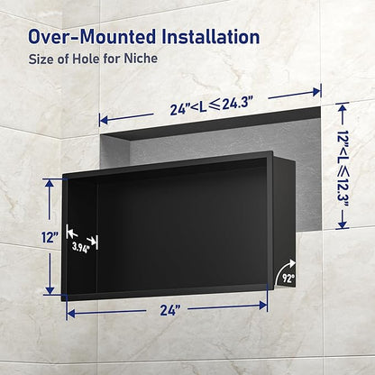 Stainless Steel Shower Niche 24" X 12" Matte Black No Tile Needed Niche Shower for Bathroom Storage Recessed Wall Niches Bathroom Shelf Over Mount Installation