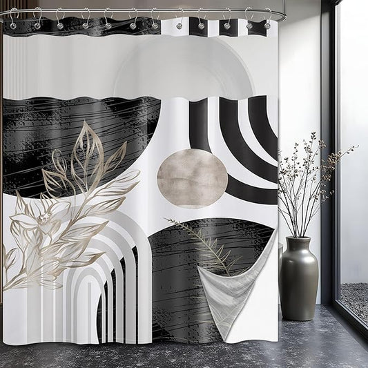 Black and White Boho See Through Mesh Top Shower Curtain with Window, Grey Mid Century Modern Mens Double Layer Shower Curtains with Snap in Liner, Waterproof Fabric with Hooks, 71x72 in