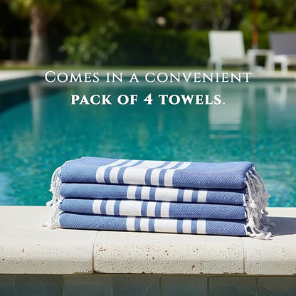 Turkish Cotton Beach Towel Pack of 4 & 1 Boho Tote Bag - Hammam Towels - No Shrink - Quick Dry - Lightweight - Sand Free - Camping - Pool - Tanning - Beach Essentials - Dark Blue (40"x70")