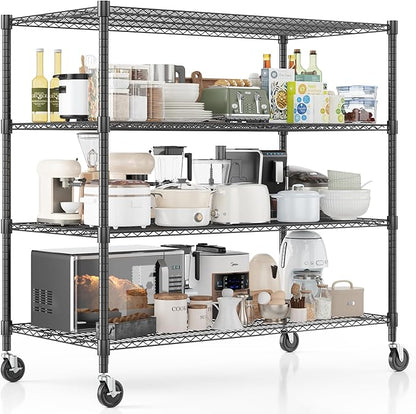 Homdox Heavy Duty Metal Shelves for Storage, 4 Tier Storage Racks and Shelving, Commercial Adjustable Wire Shelving Unit on Wheels, Garage Rack Pantry Shelves Kitchen Shelving, 24"x60"x72", Black