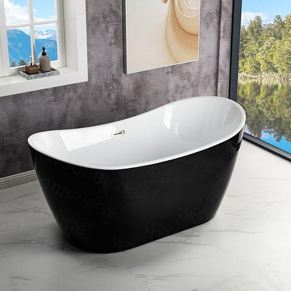 WOODBRIDGE 59" Acrylic Freestanding Bathtub Contemporary Soaking Tub, Black Acrylic(Brushed Nickel Drain/Overflow),BTA1816-BN