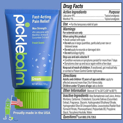 PickleBalm Pickleball Post-Game Muscle Pain Relief Cream with 4% Lidocaine, Arnica, Menthol, Cucumber Seed Extract for Shoulders, Knees, Wrists, and More, 4oz Cream