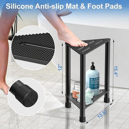 Stainless Steel Black Shower Stool for Inside Shower, 15.4'' H Shower Foot Rest, Corner Shower Stool with Storage Shelf, Shower Step for Shaving Legs, Bathroom Corner Shower Bench