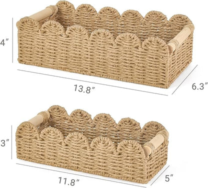 Dahey 2 Pcs Woven Paper Rope Toilet Paper Storage Basket for Over Toilet Storage Shelf Scalloped Edge Toilet Tank Basket with Handles for Organizing, Bathroom Countertop Living Room Bedroom Home Decor