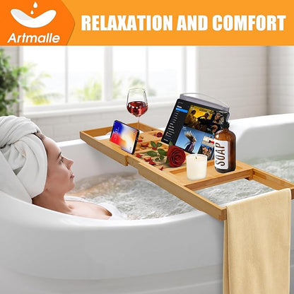Artmalle Luxury Bathtub Caddy Tray for Tub - Foldable Bamboo Bath Table Tray with Book and Wine Glass Holder, Expandable Bathroom Accessories for Spa or Reading Lite Style