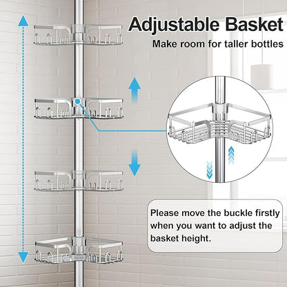Corner Shower Caddy Tension Pole,39-113 inch Adjustable Rustproof Floor Standing Shower Organizer Shelf with 4 Basket for Bathtub,Inside Shower Shampoo Storage Silver