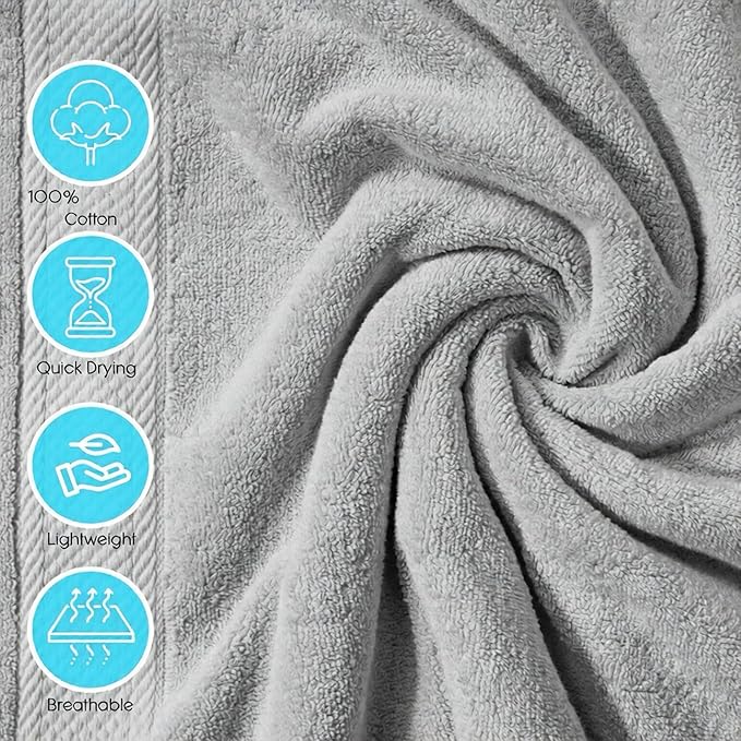Cloudura Luxury Bath Towels-100% Cotton | Quick Dry | Lightweight | Thick,I Good for Spa,Gym & Hotel Quality,(27'x54')-Soft & Absorbent (Grey, Set of 2)