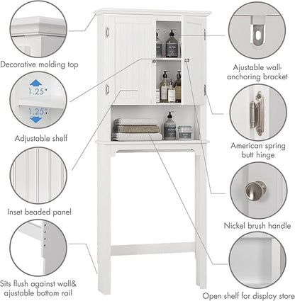 UTEX Over The Toilet Storage Cabinet, Over Toilet Bathroom Organizer with Adjustable Shelves and Double Doors, White
