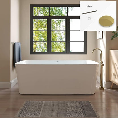 FerdY Maui 67" Acrylic Freestanding Bathtub, Contemporary Elegant Design Soaking Tub with Polished Gold Drain and Minimalist Linear Design Overflow, Easy to Install