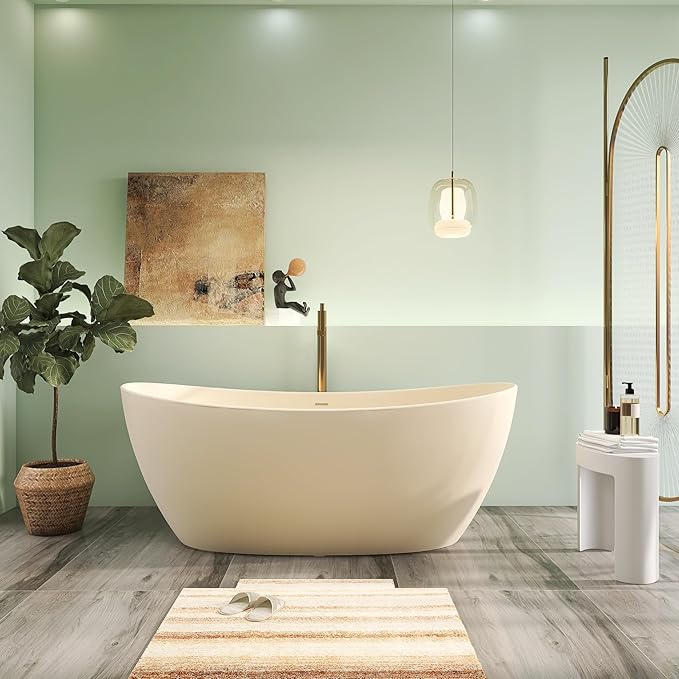 65" Premium Solid Surface Freestanding Bathtub, Modern Cream Design Stone Resin Bath Tub with Overflow and Pop-up Drain, Matte
