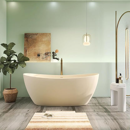 65" Premium Solid Surface Freestanding Bathtub, Modern Cream Design Stone Resin Bath Tub with Overflow and Pop-up Drain, Matte