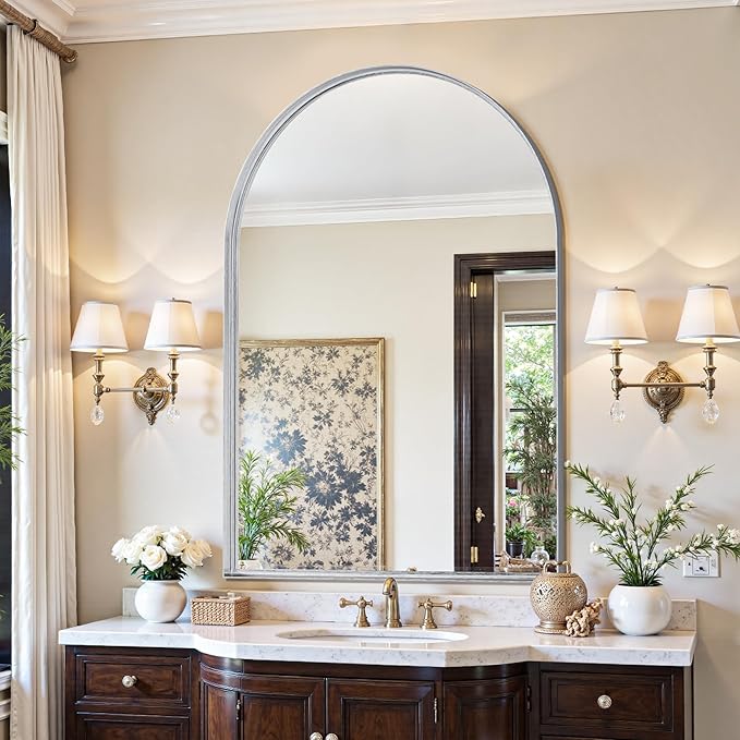Arched Mirror 26"x38", Bathroom Mirror, Wall Mounted Vanity Mirror with Arch Metal Frame for Bathroom, Over Sink, Bedroom, Living Room, Deep Frame, Silver