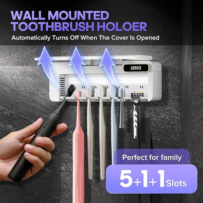 Smart Toothbrush Sanitizer & Holder, 5+1+1 Slot Wall Mounted Toothbrush Cleaner with Heating Dryer, No-Drilling Bathroom Storage for Multiple Toothbrushes and Electric Brushes