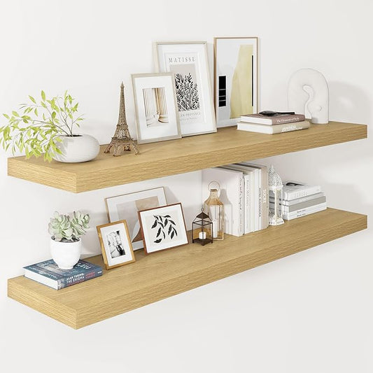 Vivelove 12 Inch Deep Floating Shelves 47.2 inch Long, 2 Inch Thick Wall Shelves with Invisible Brackets, Shelf for Bedroom Bathroom Living Room Kitchen Office Home Decor, Modern Shelf Set of 2, Oak
