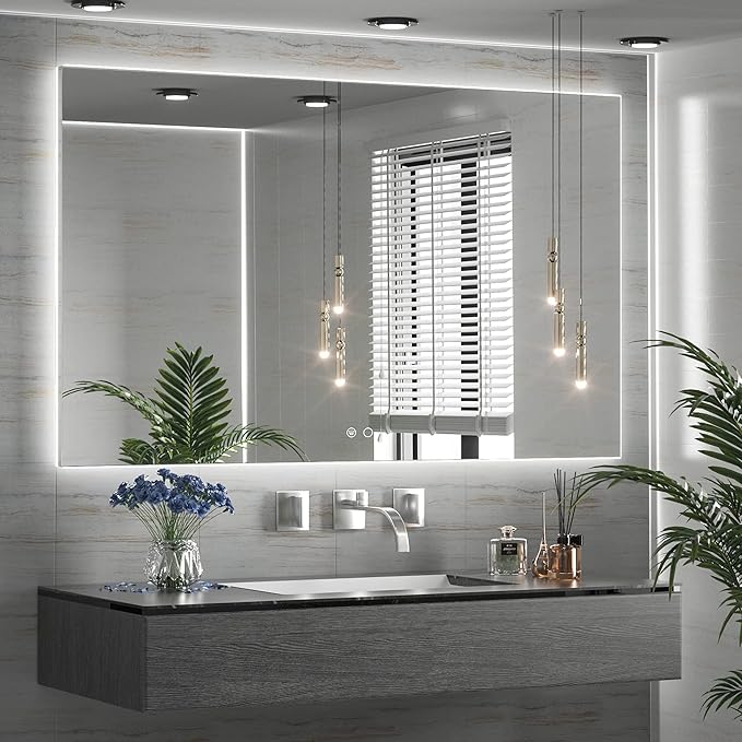 TETOTE 60 x 40 LED Backlit Bathroom Mirror with Light,3 Color White/Warm/Natural,Anti-Fog Lighted Mirror,Dimmable,Vanity Mirror,Wall Mounted